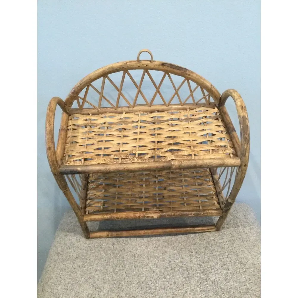 Vintage Wicker Bamboo Wall Shelf Towel Bar Boho Decor Bathroom Organizer Rustic